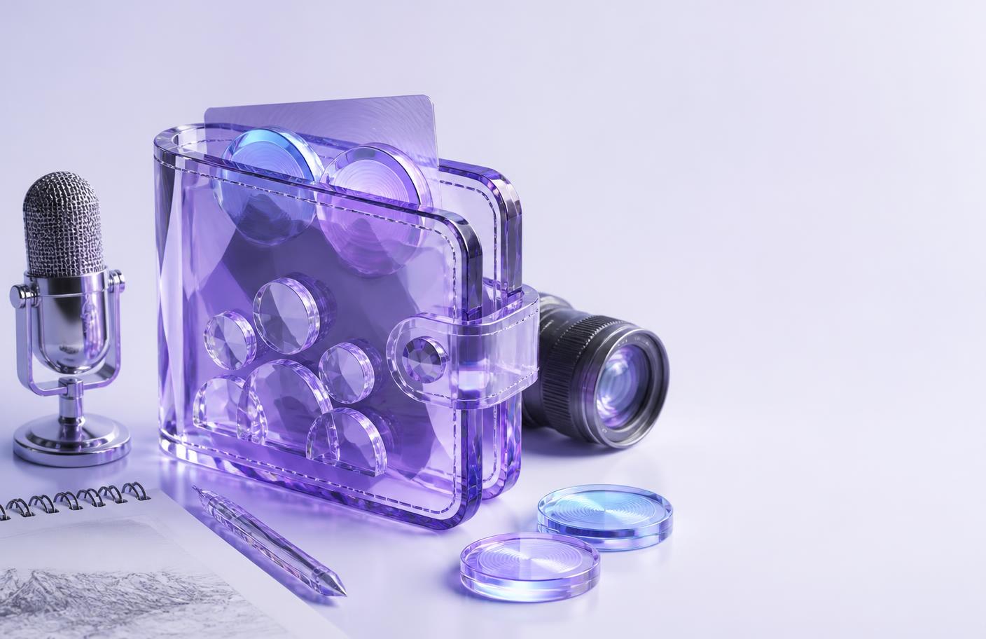 Crystal wallet surrounded by tools used by independent creators